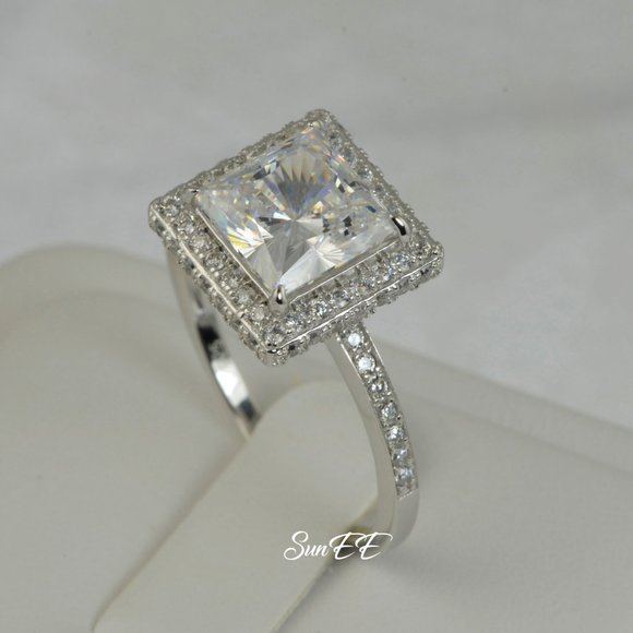 NEW 925 STERLING SILVER HALO PRINCESS DIAMOND CUT WEDDING RINGS ENGAGEMENT RING - Picture 2 of 7
